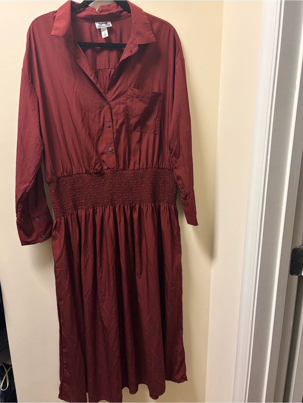 Smocked Waist Long-Sleeve Maxi Dress in Burgundy from Future Collective 1XL - Picture 2 of 7